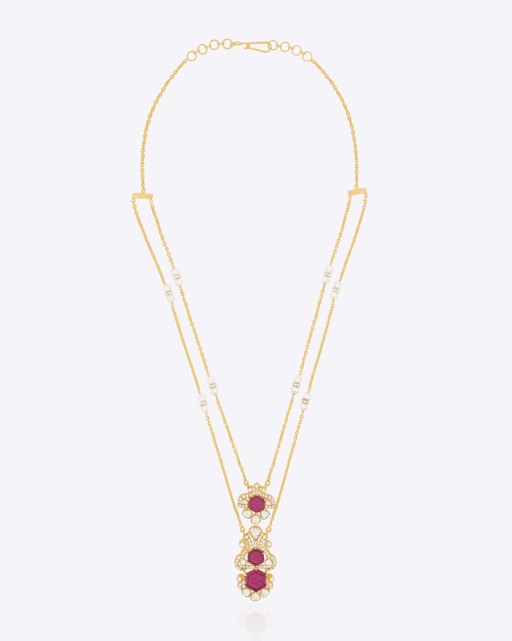 14k gold Mughal Muse necklace with Polki diamonds and ruby accents.