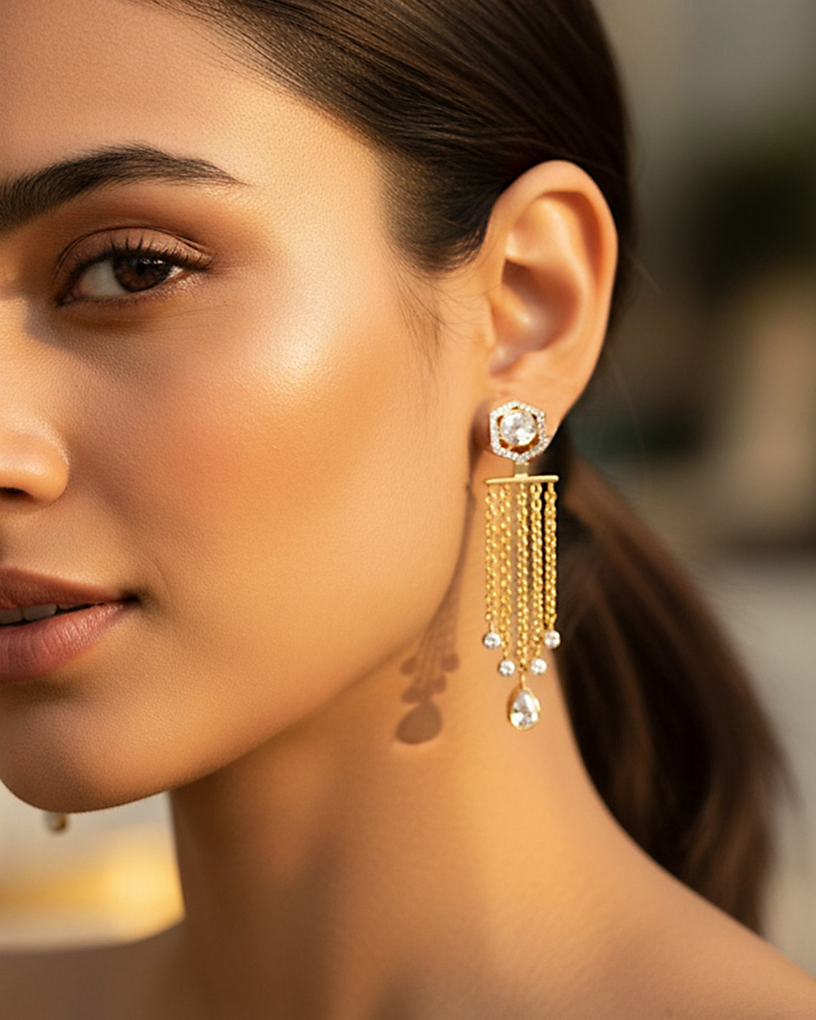 Solara Jacket Earrings in 14K gold with a hexagonal Polki and diamond design