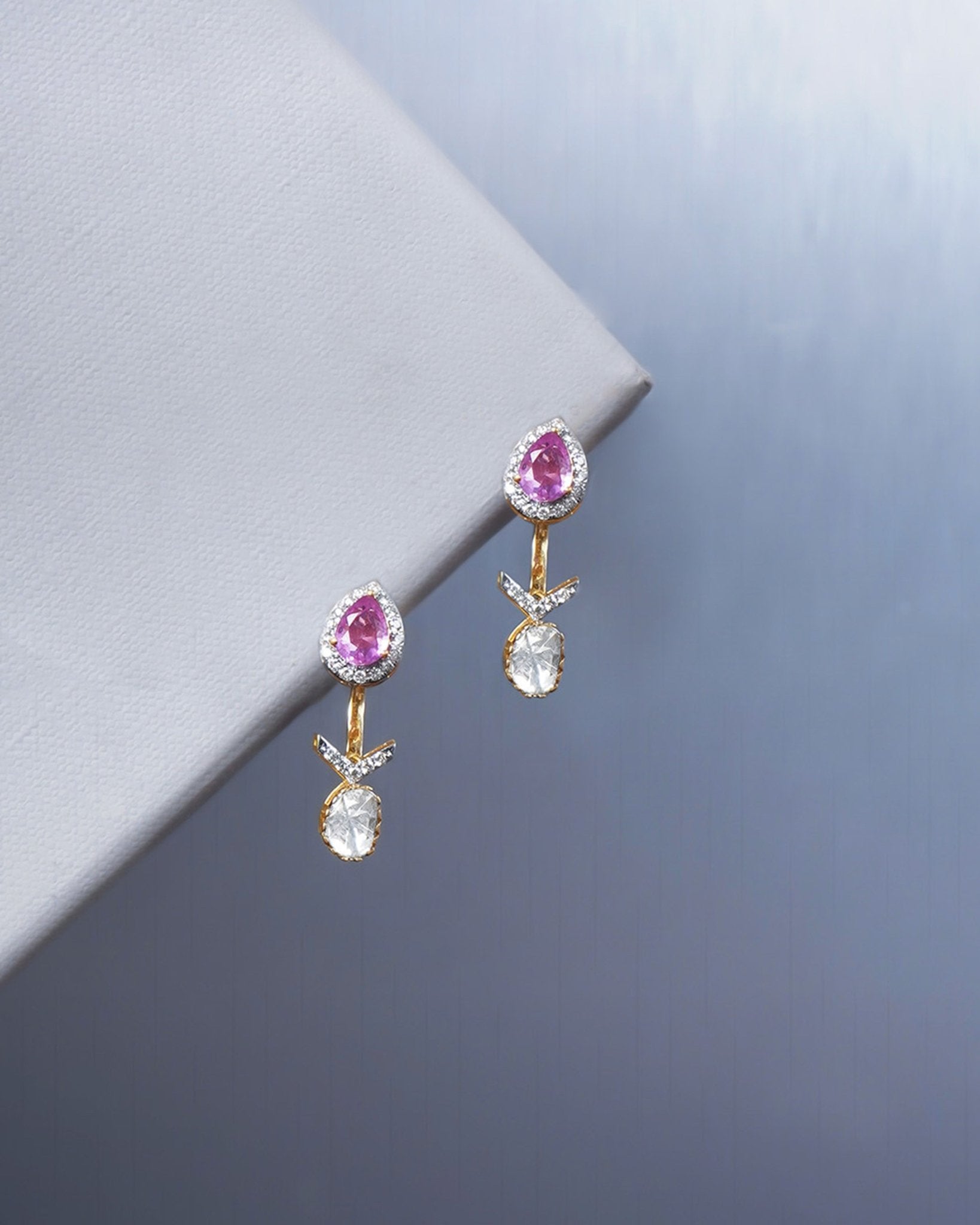 14k gold jacket earrings with Polki and diamonds, wearable as studs or full jackets.