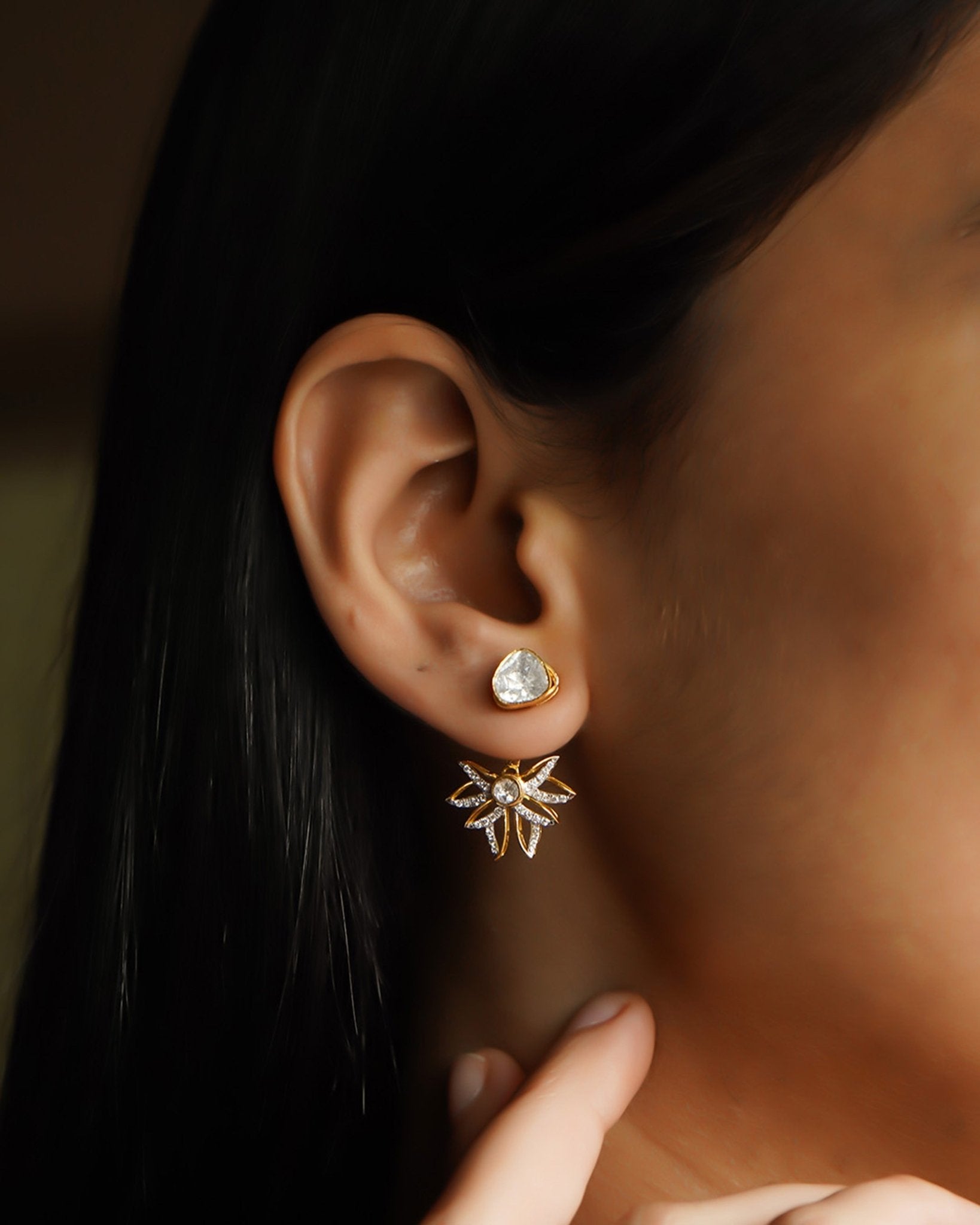 14K gold starburst-design jacket earrings set with Polki diamonds.