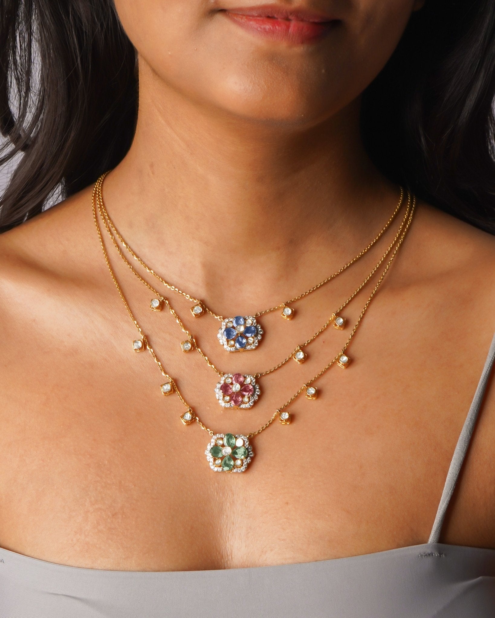 14K gold necklace with layered floral motifs in Polki and diamonds