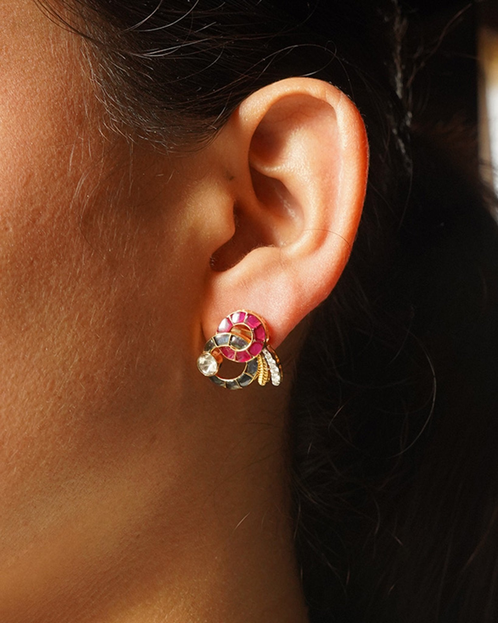 14K gold hooked earrings with Polki stones and talaf detailing