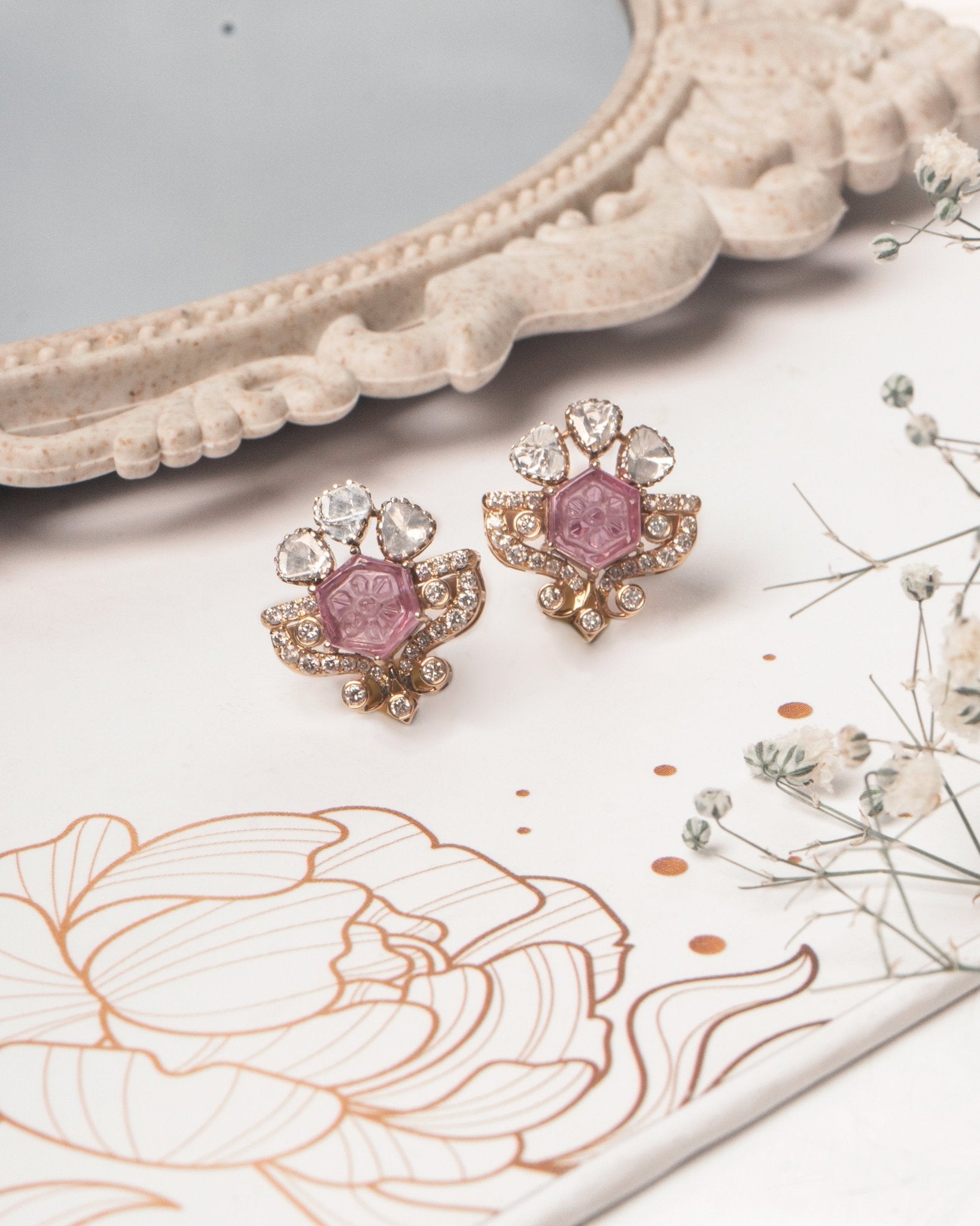 14K gold Mughal Muse earrings with Polki diamonds in a classic motif.
