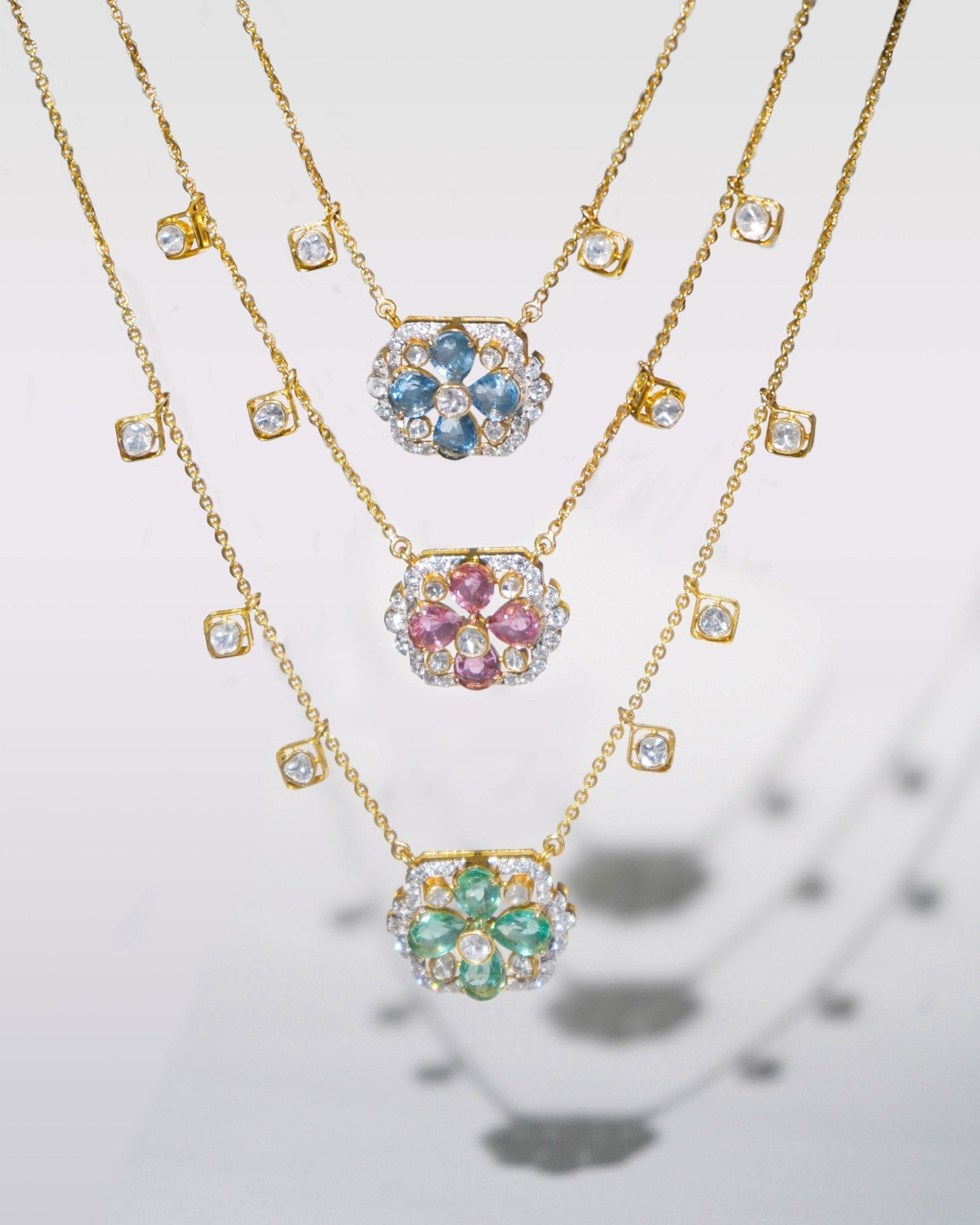14K gold necklace with layered floral motifs in Polki and diamonds