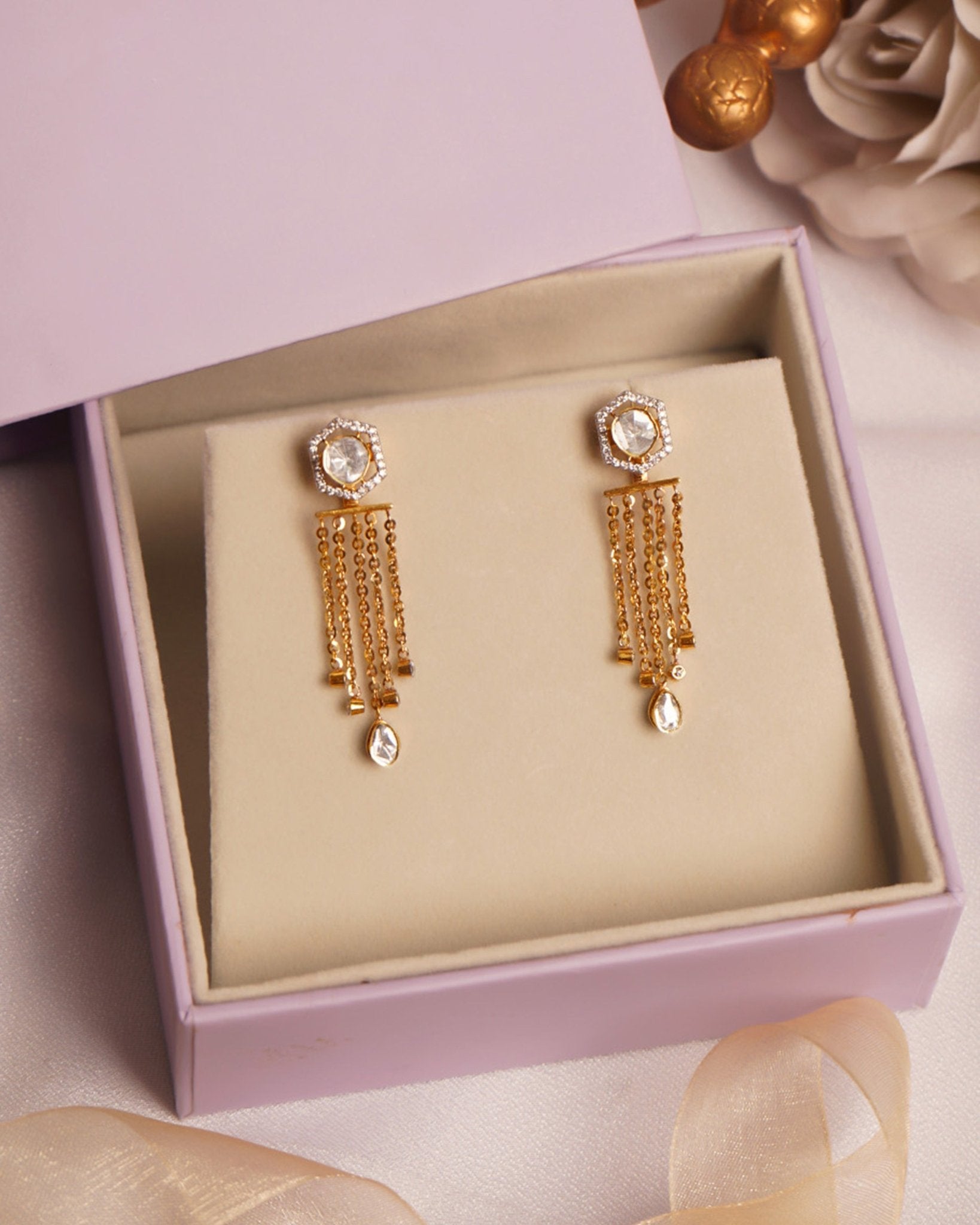 Solara Jacket Earrings in 14K gold with a hexagonal Polki and diamond design