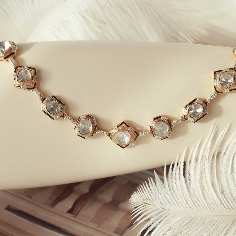 Close-up of Regal Enamel necklace featuring deep hues and traditional diamond setting