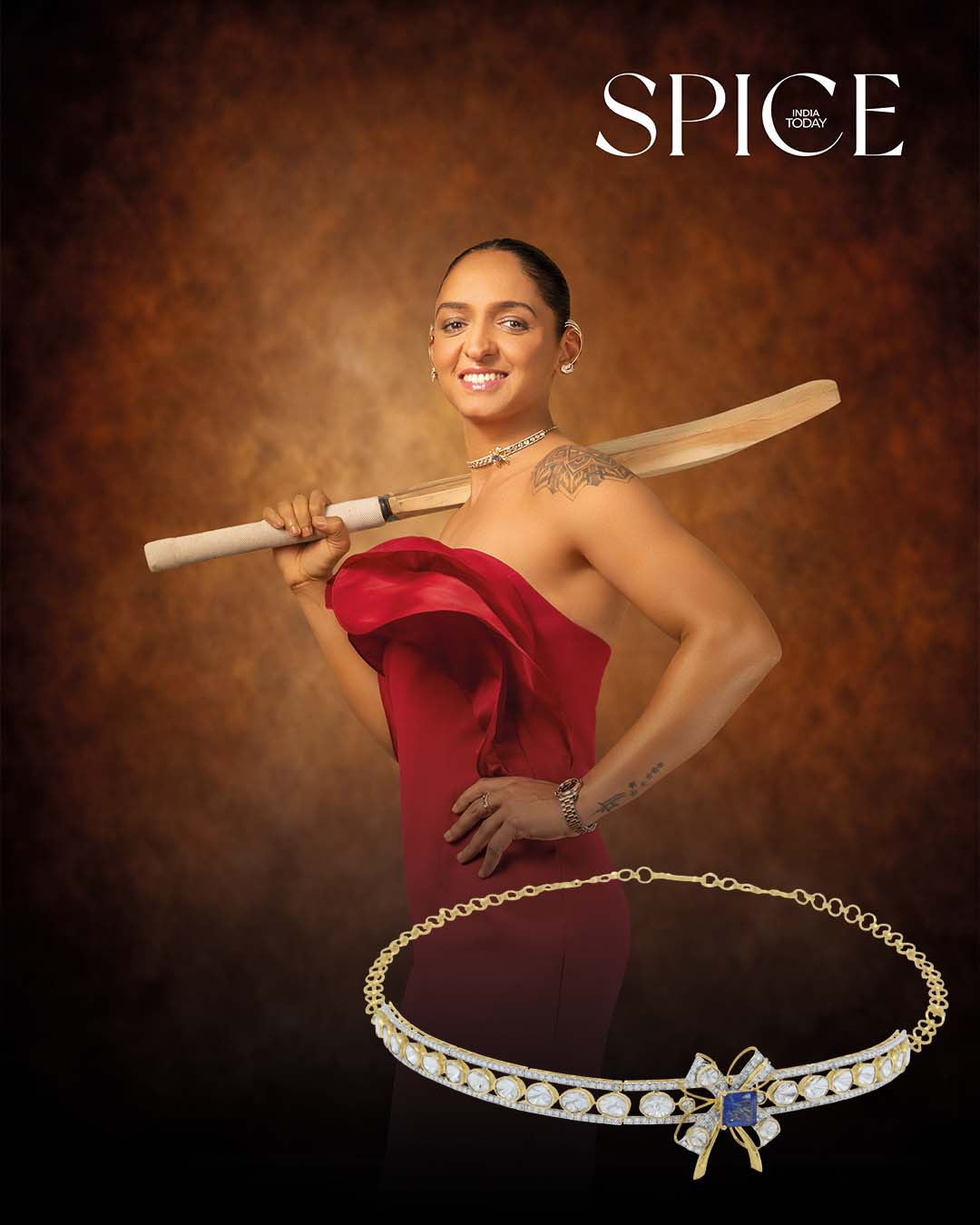 14K gold Bowline Choker with blue stone, Polki accents, and diamond detailing in a bow-inspired design.