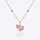 9K gold pendant with a blush petal silhouette and soft pink accents.