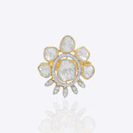 Gold floral ring with uncut diamond petal clusters around an oval center.
