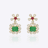 14K gold Polki Stone Floral Earrings with vibrant stone Polki floral designs.
