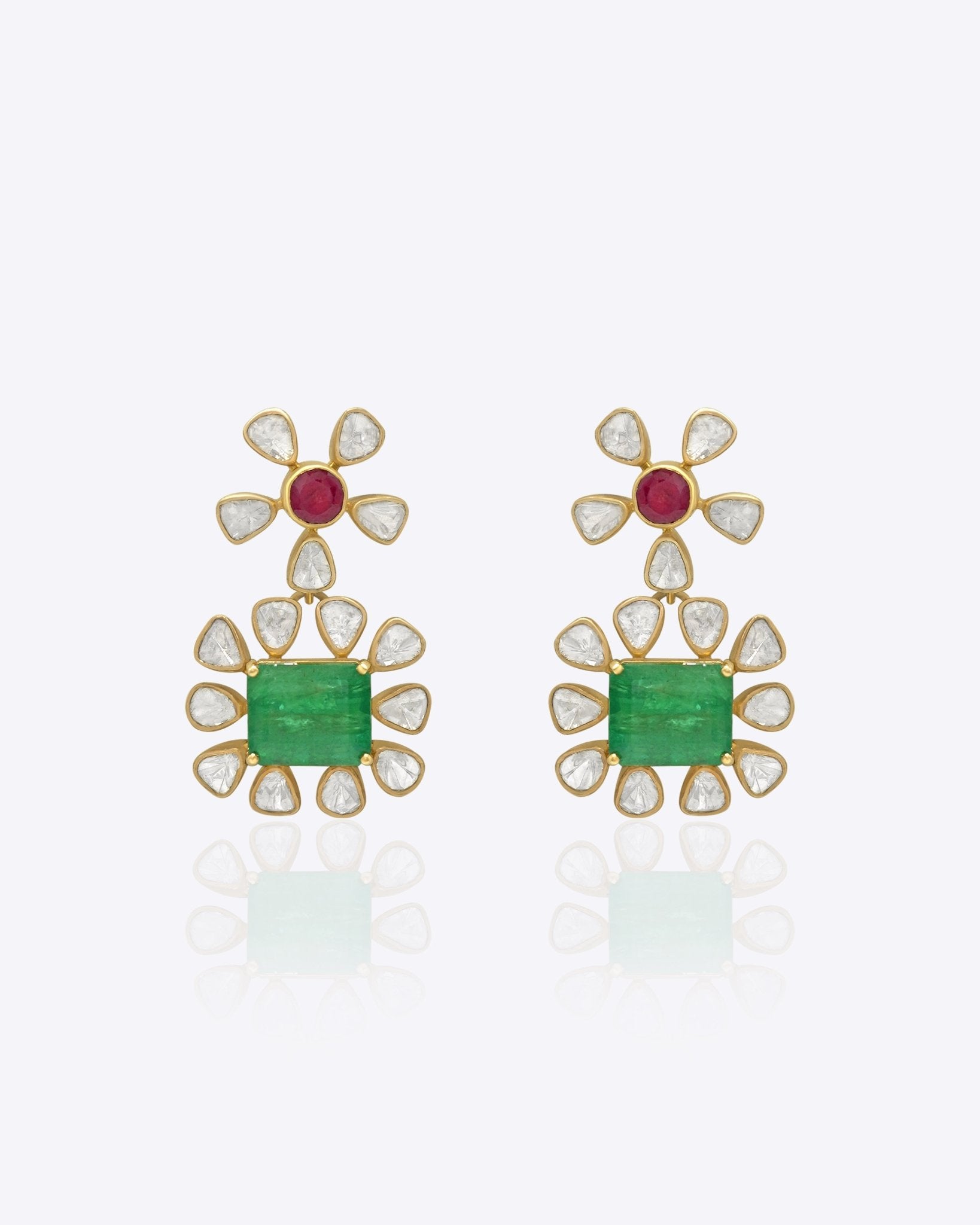 14K gold Polki Stone Floral Earrings with vibrant stone Polki floral designs.
