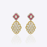 14K gold Petal Prism Earrings with pink gemstones and cascading uncut diamonds.