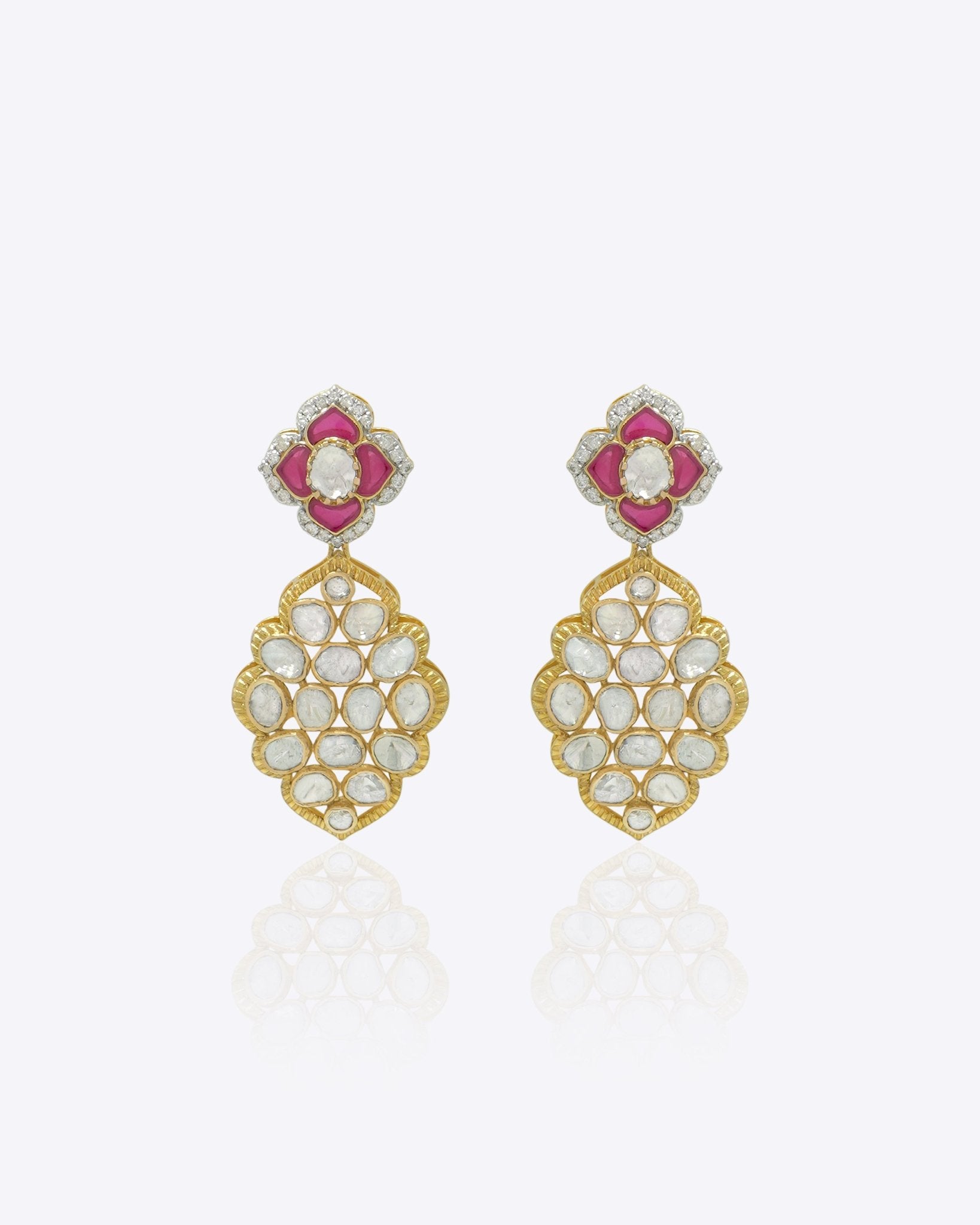 14K gold Petal Prism Earrings with pink gemstones and cascading uncut diamonds.