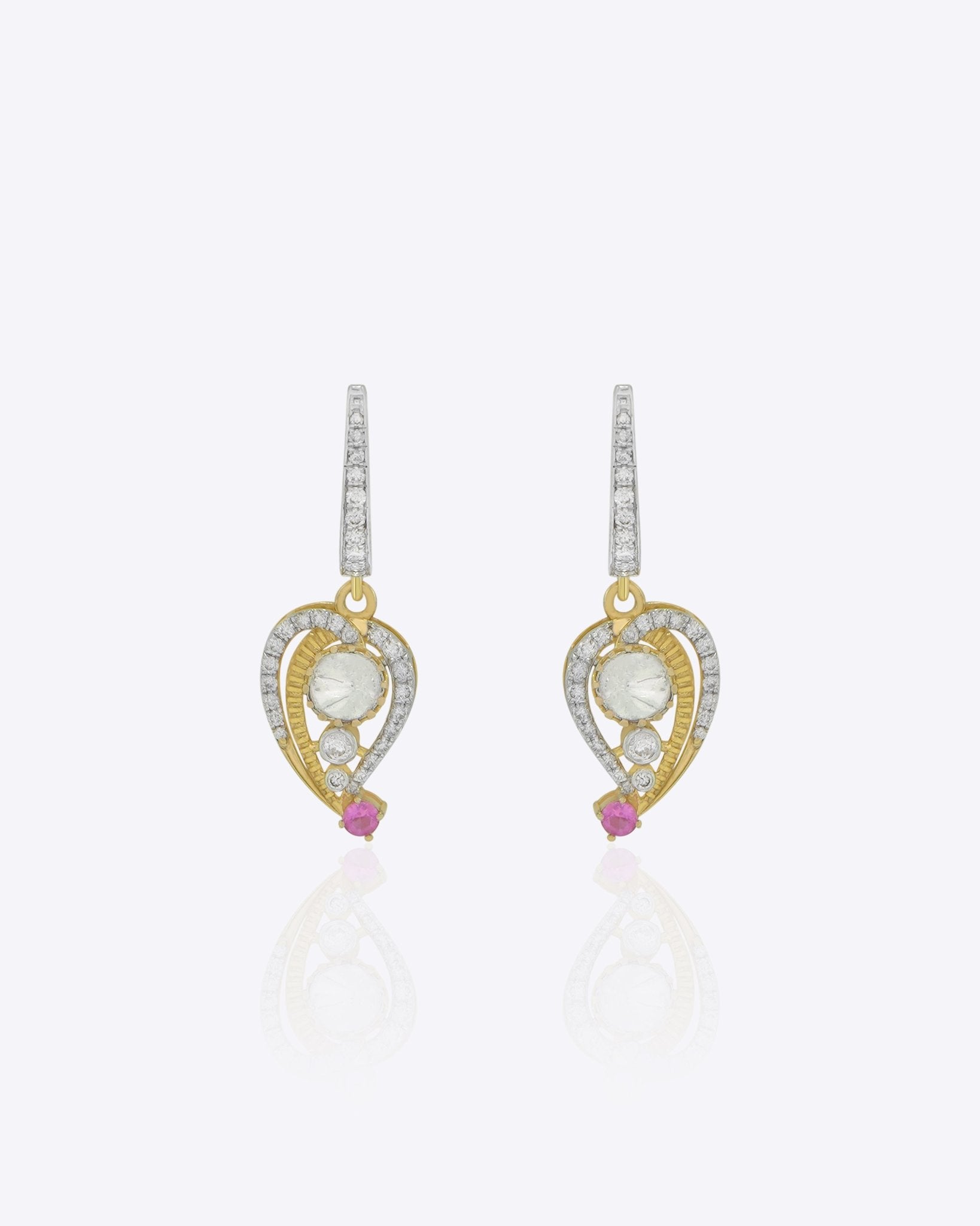 9K gold teardrop earrings with Polki detailing and delicate diamond accents.