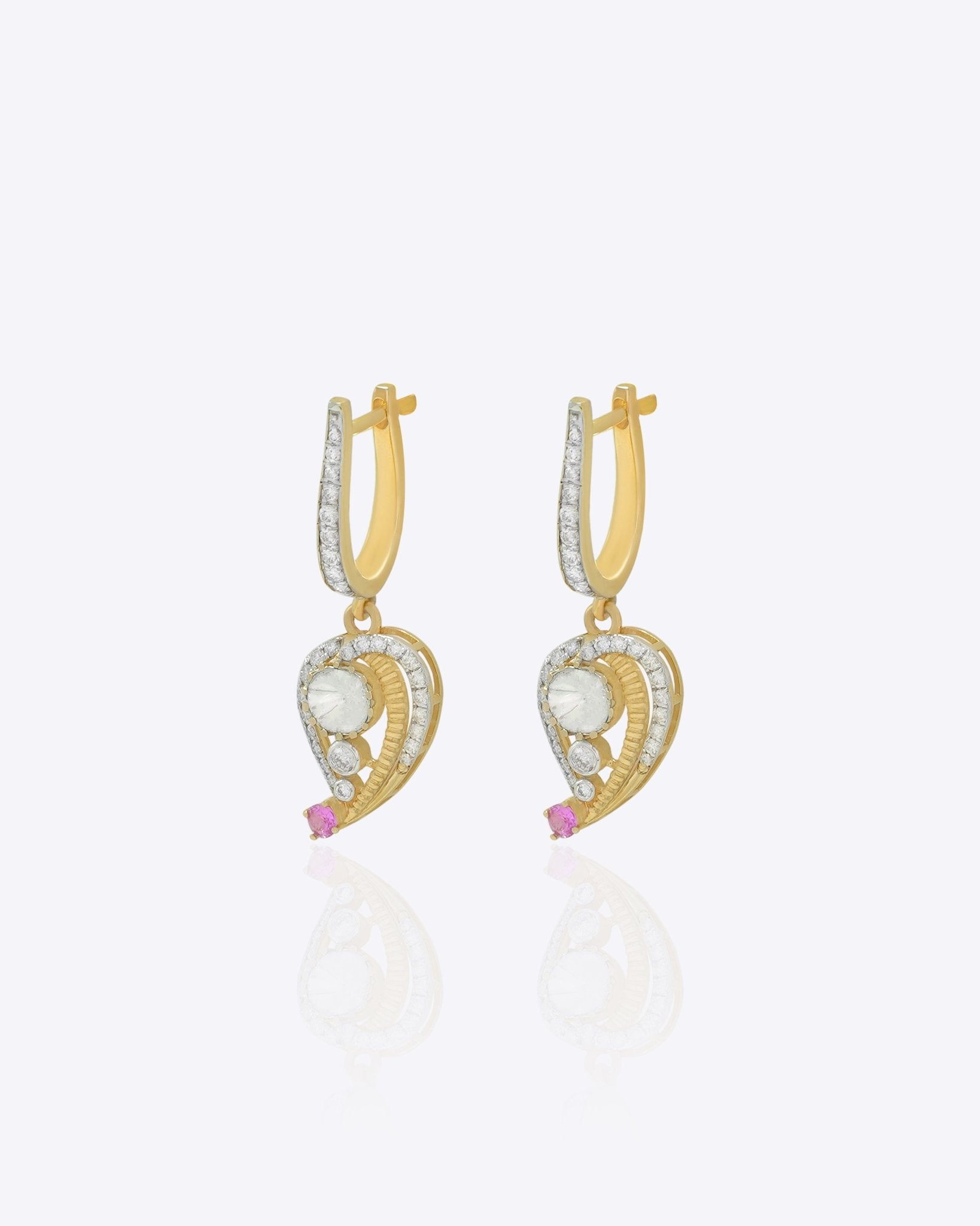 9K gold teardrop earrings with Polki detailing and delicate diamond accents.