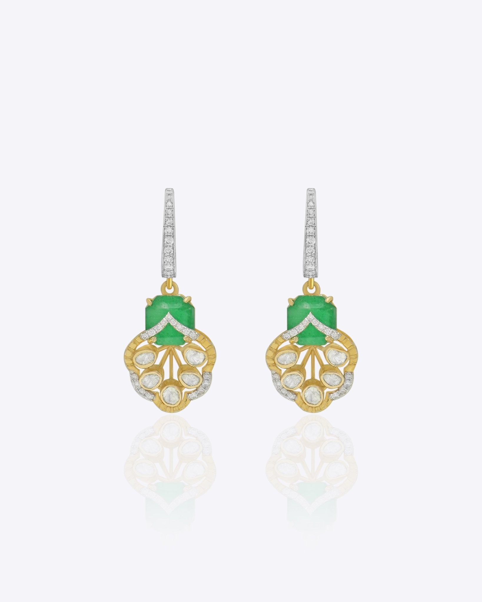 9K gold earrings with an octagonal emerald center framed by diamonds and Polki drops.