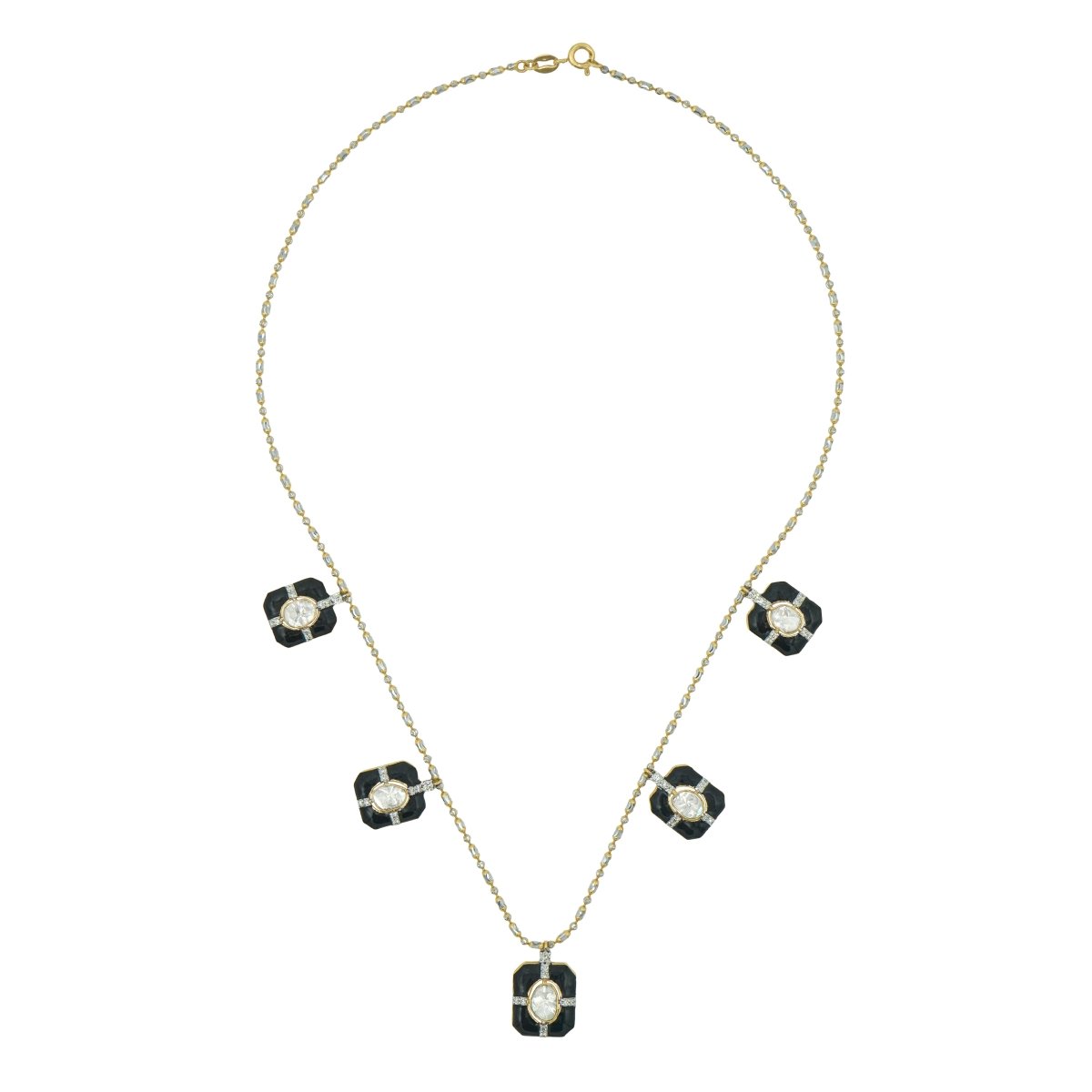 Detailed image of Midnight Bloom Polki choker with gold carving and dark enamel