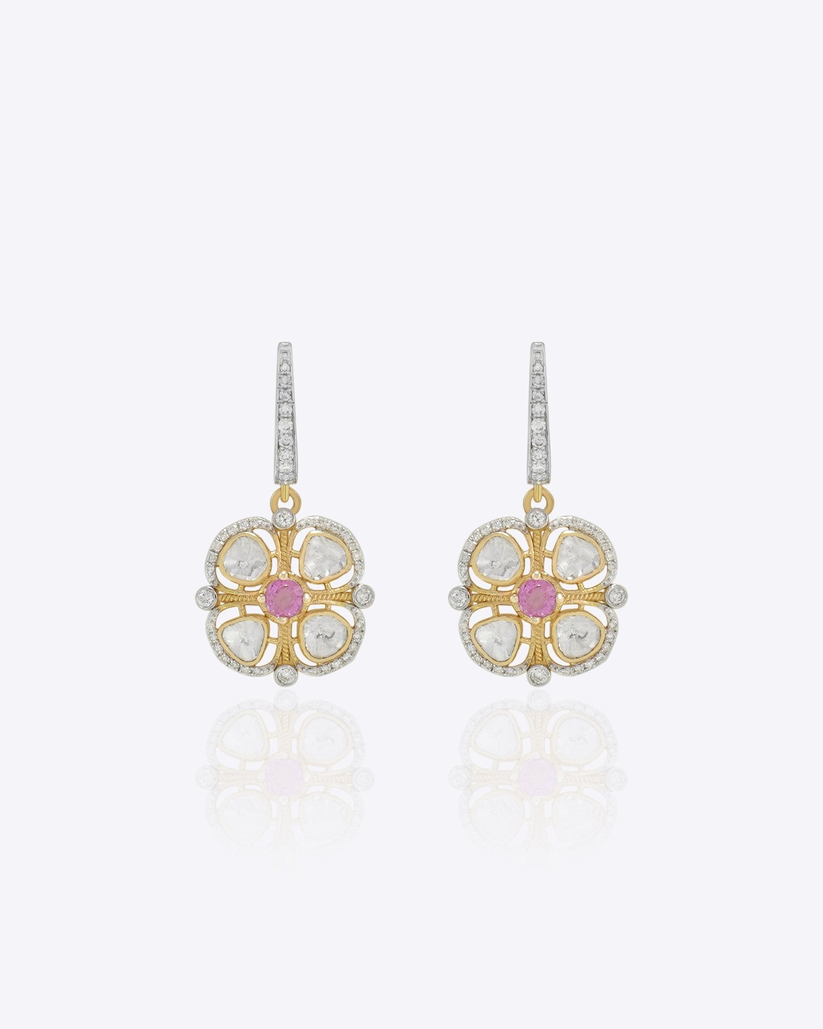 9K gold drop earrings with uncut diamonds and a pink gemstone center