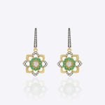 9K gold rosette drop earrings with a Polki diamond and green gemstone halo