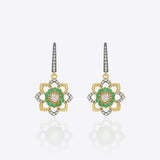 9K gold rosette drop earrings with a Polki diamond and green gemstone halo