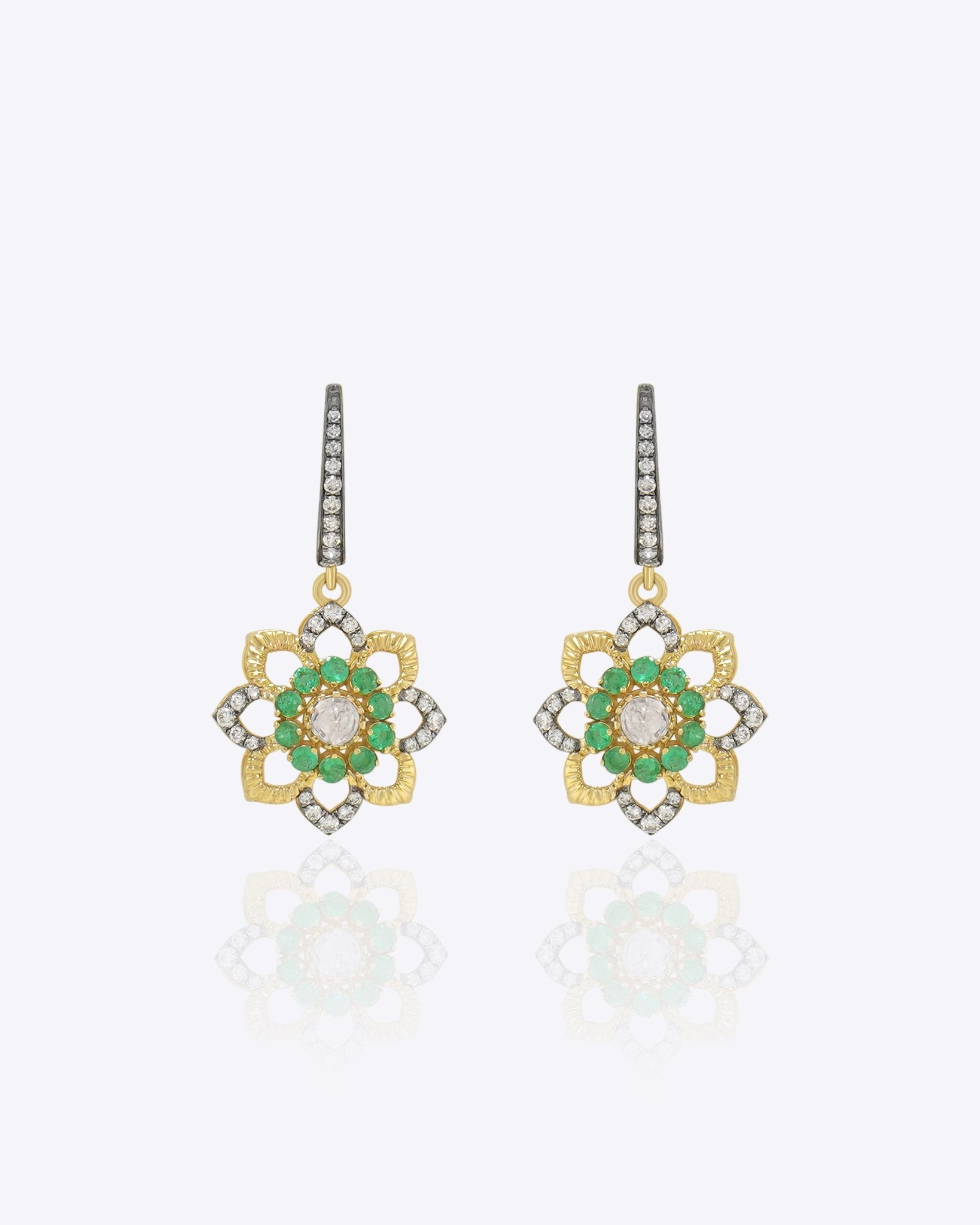 9K gold rosette drop earrings with a Polki diamond and green gemstone halo
