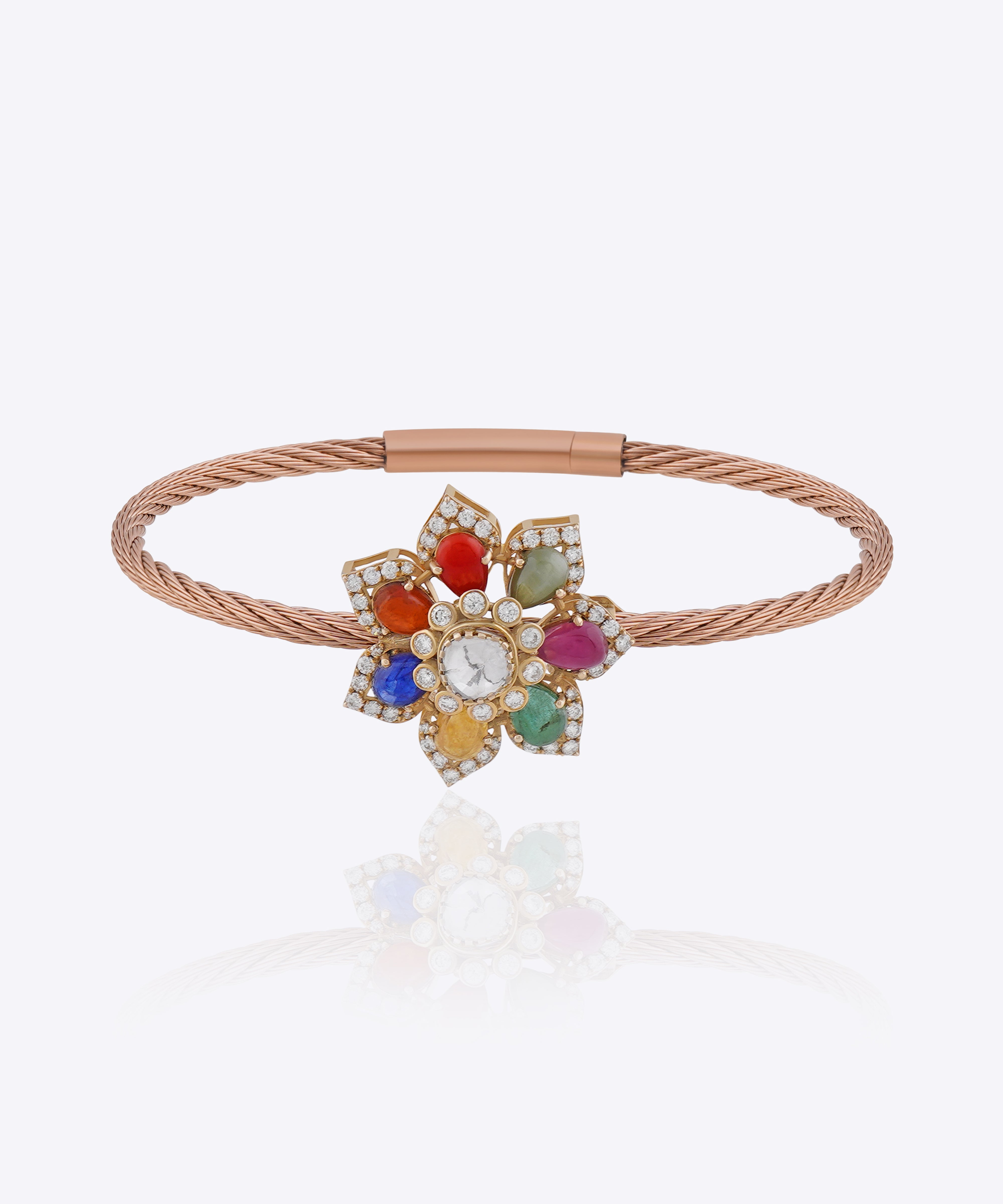Floral bracelet with Navratna gemstones, Polki centre, diamond detailing and textured ban