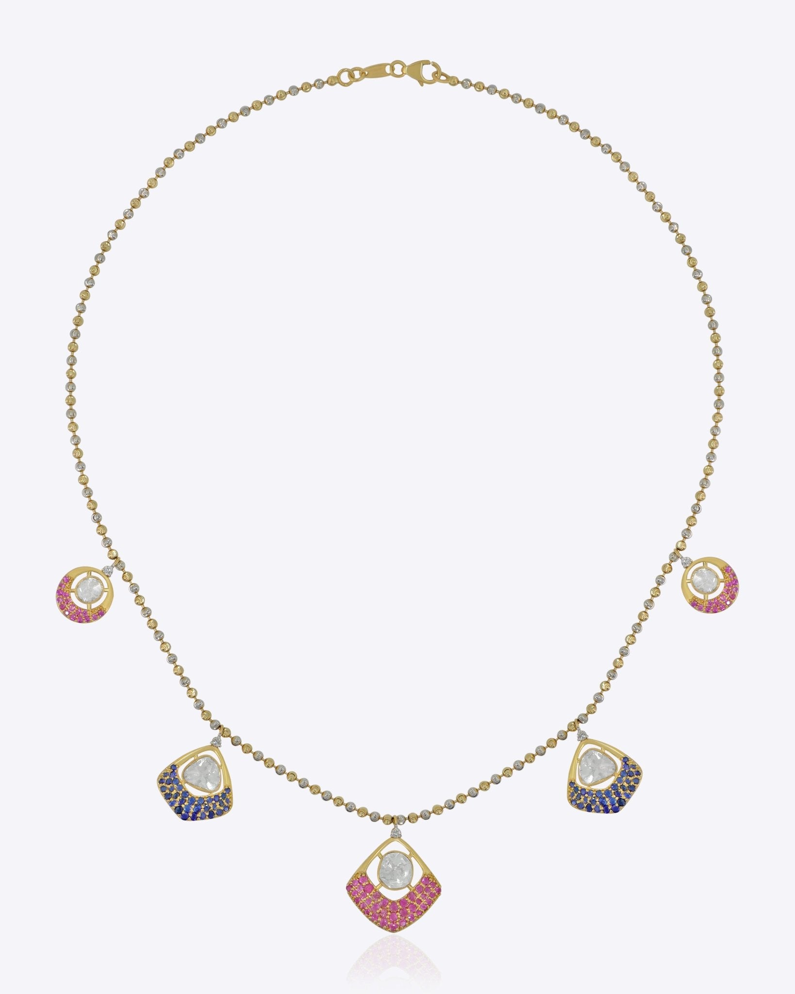 14K gold Pink Petals Necklace with layered Polki motifs and blush-pink gemstones.