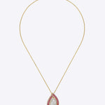Rosemist Halo Pendant in 18K gold with a pear-shaped diamond and pink gemstone halo