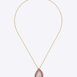 Rosemist Halo Pendant in 18K gold with a pear-shaped diamond and pink gemstone halo