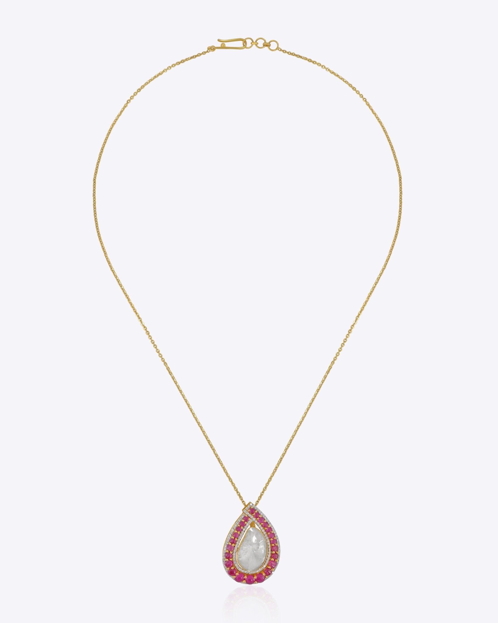 Rosemist Halo Pendant in 18K gold with a pear-shaped diamond and pink gemstone halo