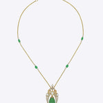 9K gold peacock pendant with a green emerald drop and diamond-set details.