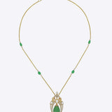 9K gold peacock pendant with a green emerald drop and diamond-set details.