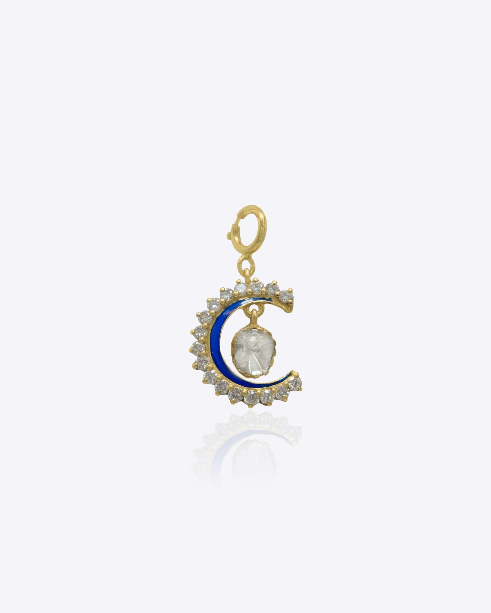 14K gold crescent moon charm with Polki and diamond accents.