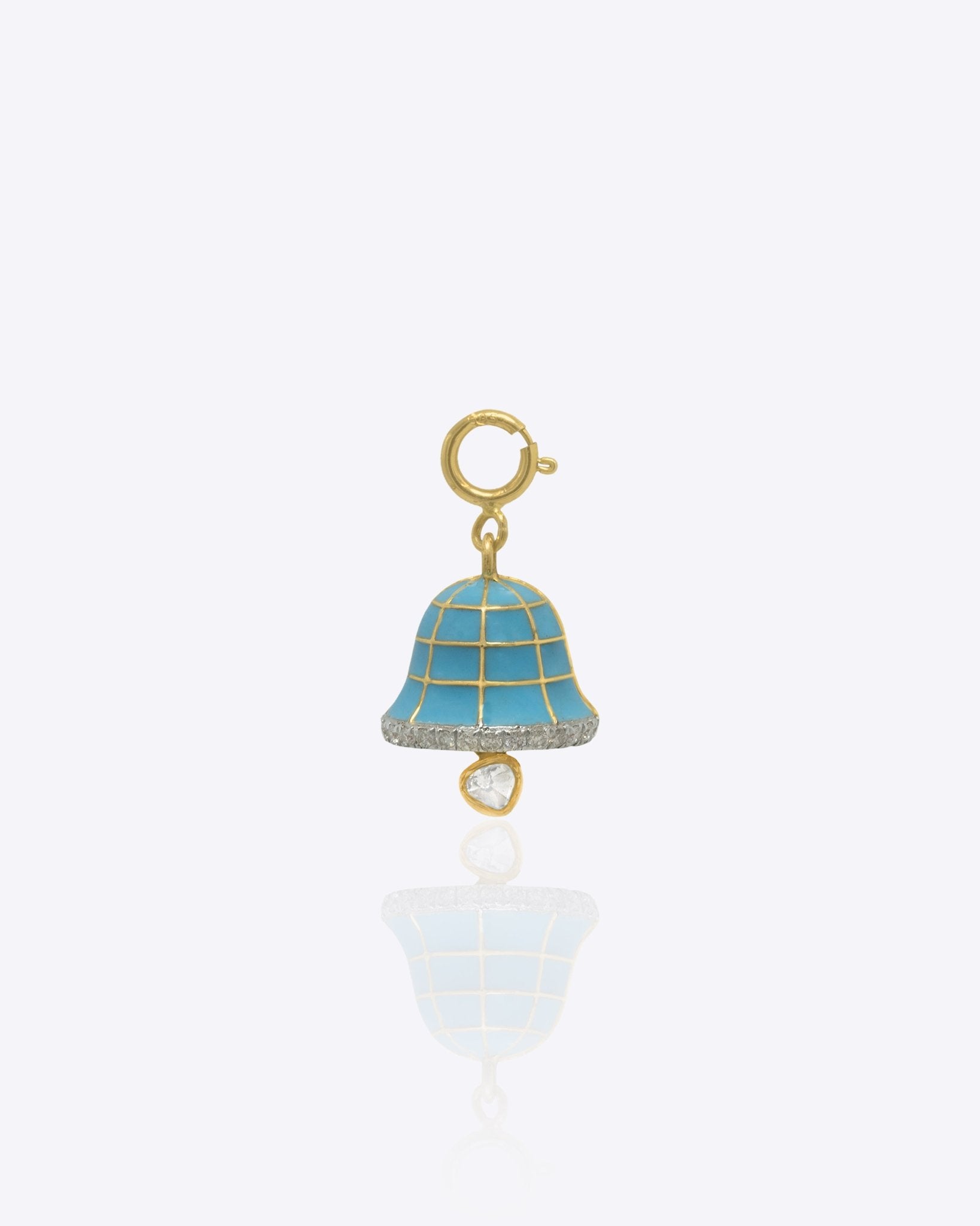 14K gold bell-shaped charm with Polki detailing for festive stacking.