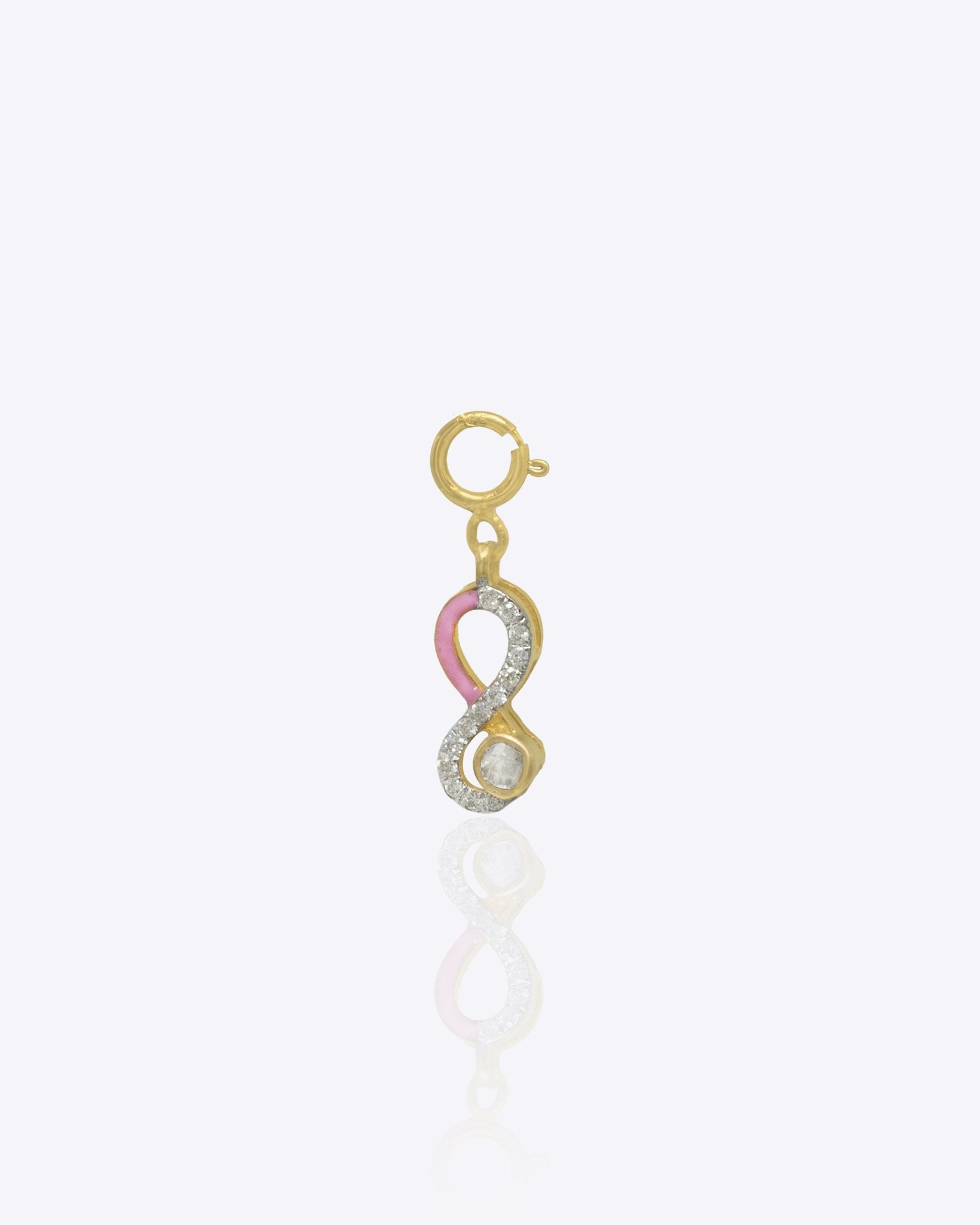 14K gold infinity charm in pink enamel with Polki accents