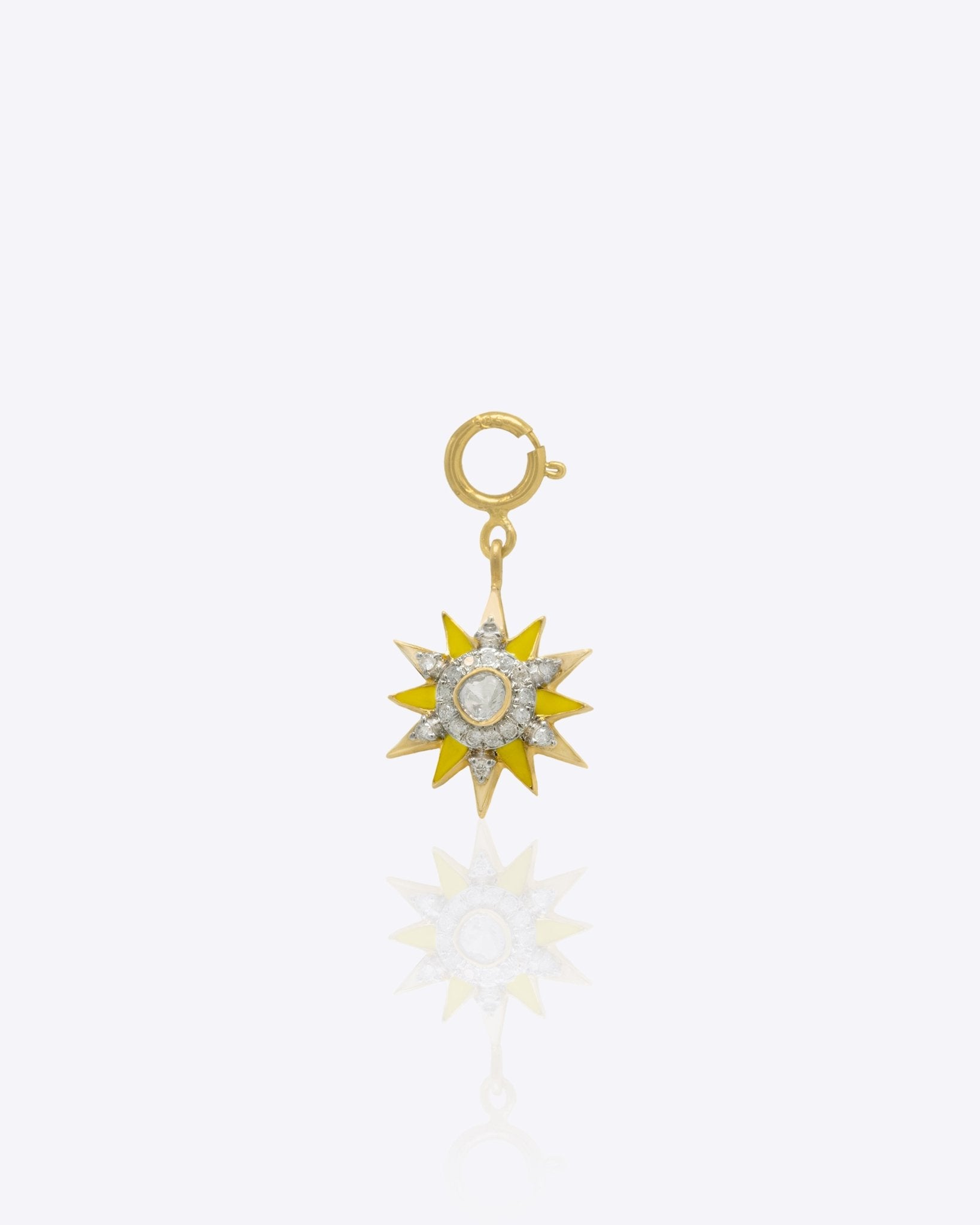 Sunshine Charm in 14K gold with golden enamel rays and a central Polki stone.