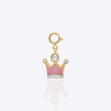 Princess Tiara Charm in 14K gold with Polki sparkle and pink enamel detailing