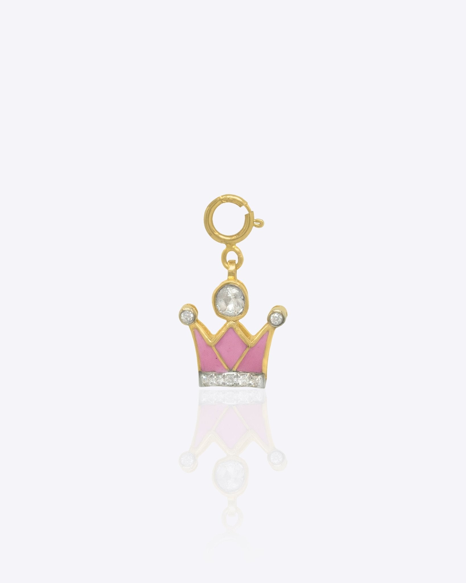 Princess Tiara Charm in 14K gold with Polki sparkle and pink enamel detailing