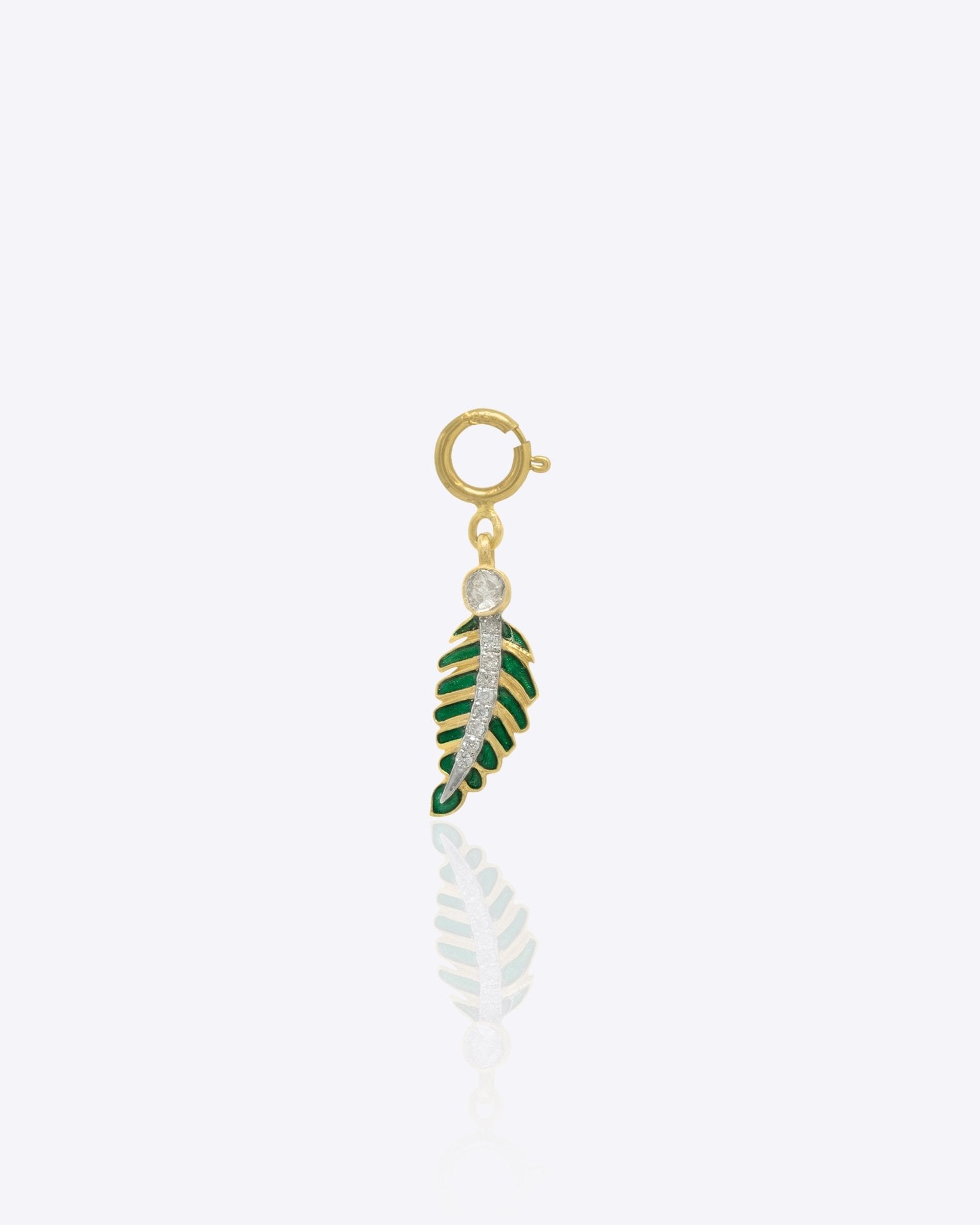 Tropical leaf charm in 14K gold with green enamel and Polki diamond detailing.