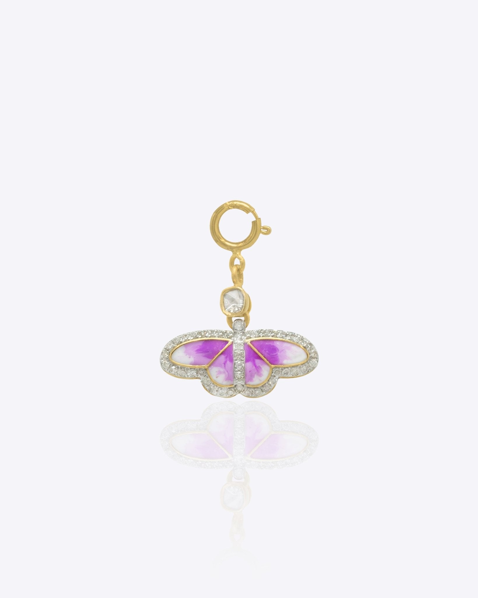 Violet Wings Charm in 14K gold with purple enamel butterfly design and Polki accents.