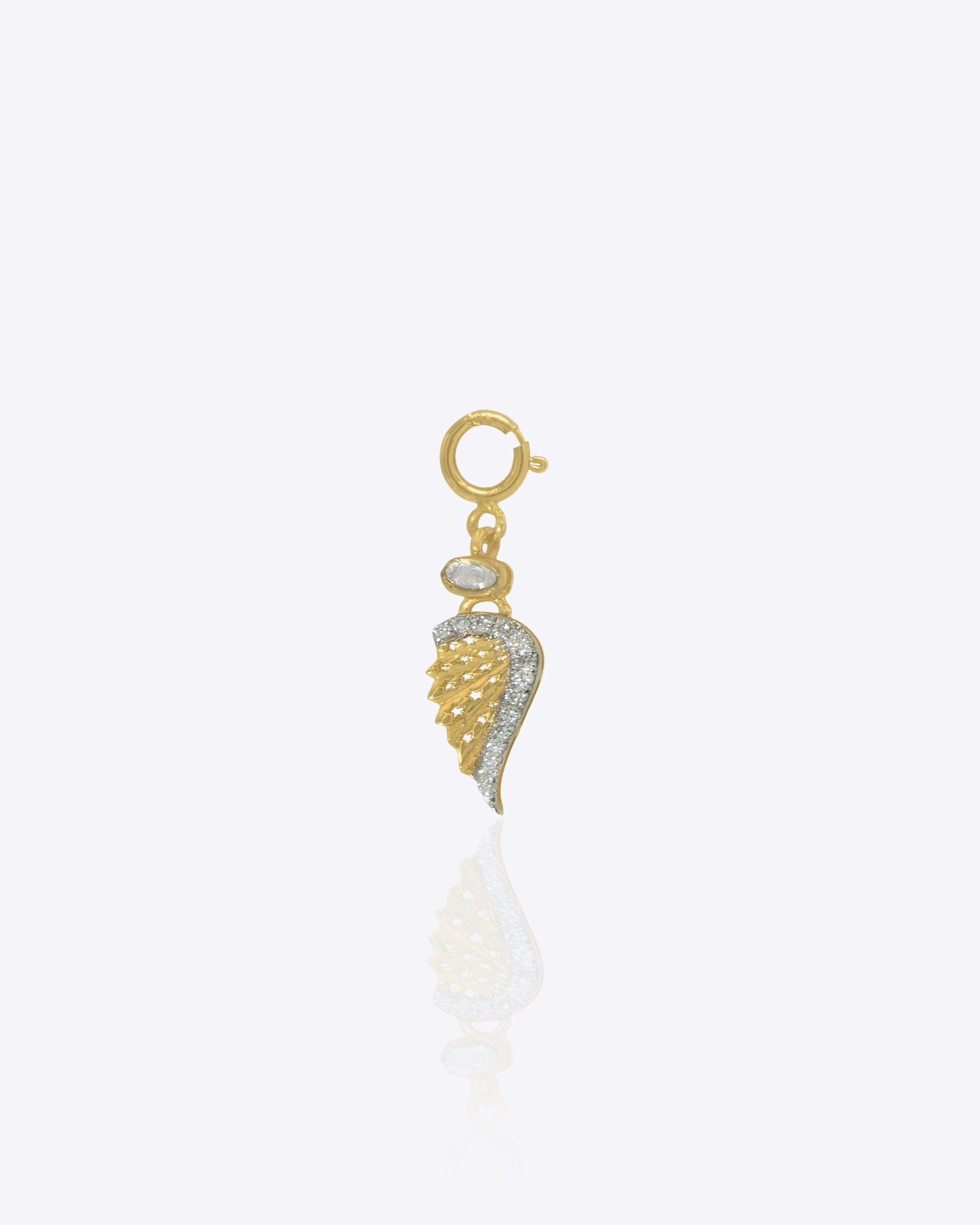 14k gold angel wing charm with Polki sparkle