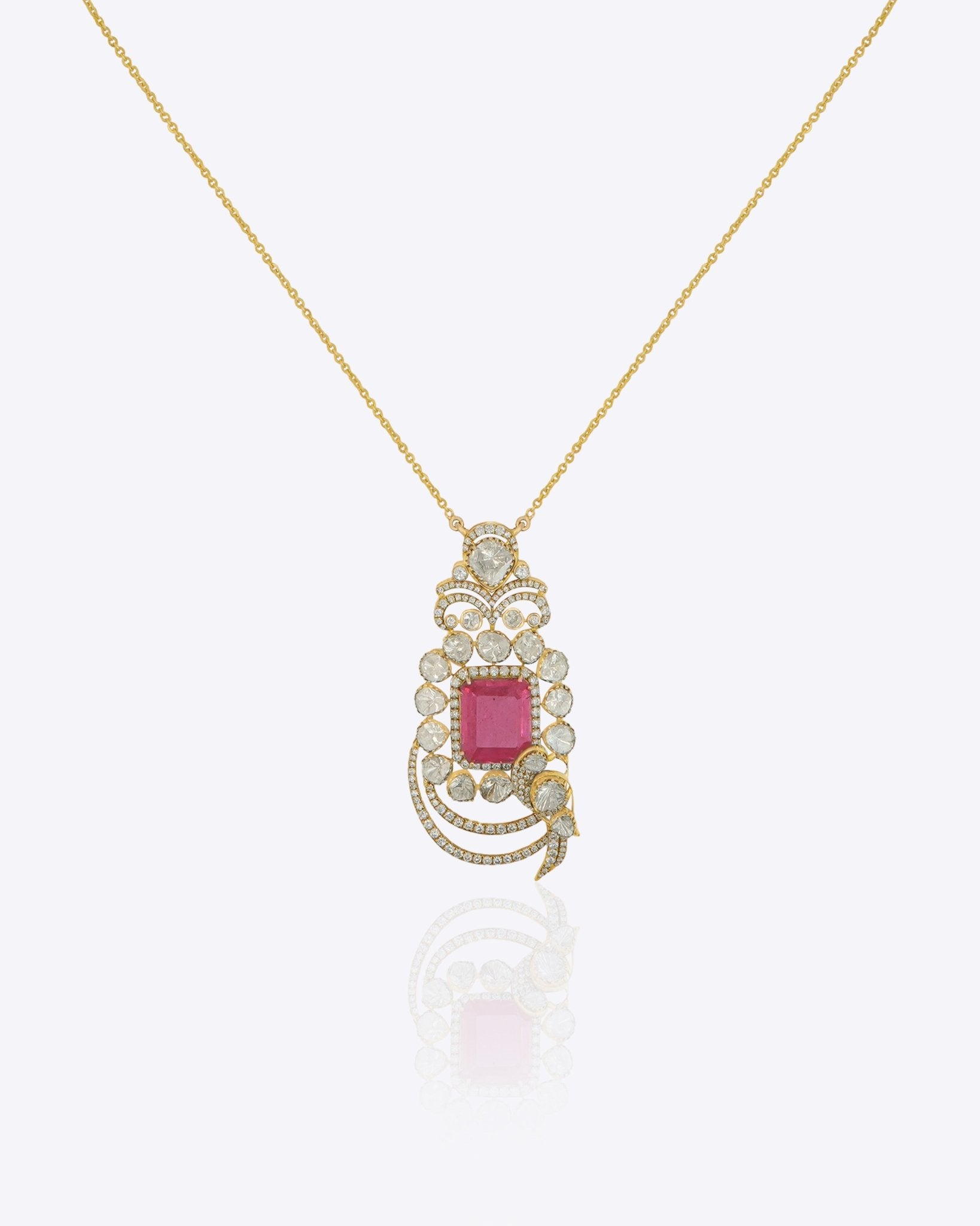 Vintage Grace Pendant in 14k gold with radiant pink gemstone and Polki diamond framing.