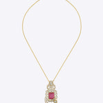 Vintage Grace Pendant in 14k gold with radiant pink gemstone and Polki diamond framing.
