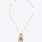 Vintage Grace Pendant in 14k gold with radiant pink gemstone and Polki diamond framing.