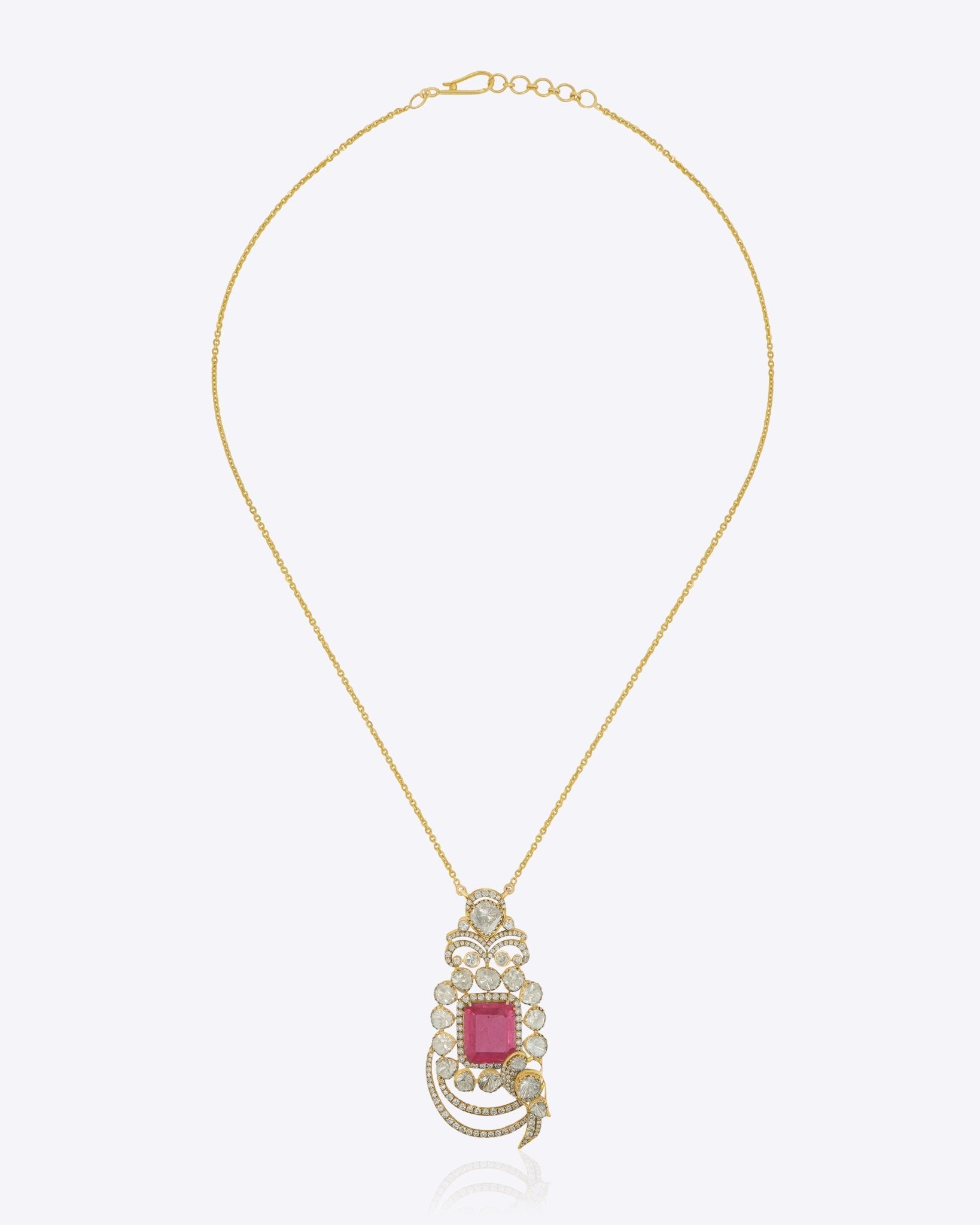 Vintage Grace Pendant in 14k gold with radiant pink gemstone and Polki diamond framing.