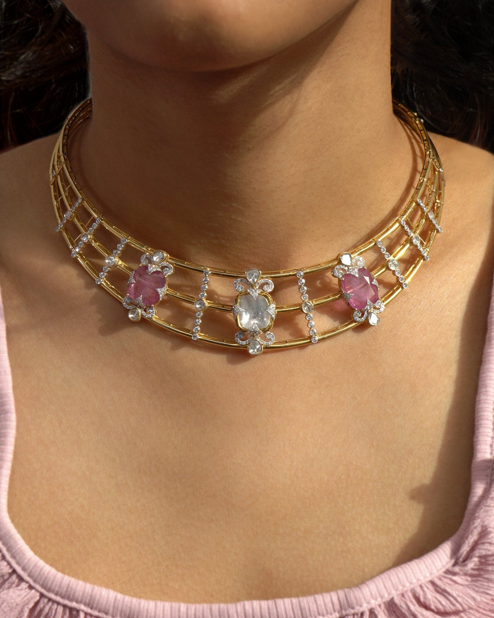 Rose Reverie Choker in 14K gold with a garland of luminous Polki and soft pink accents