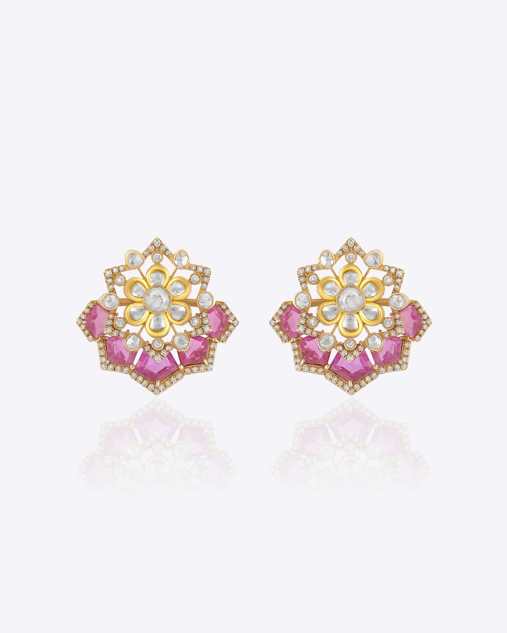 Floret Prism Earrings handcrafted in 14k gold with floral Polki diamond design.