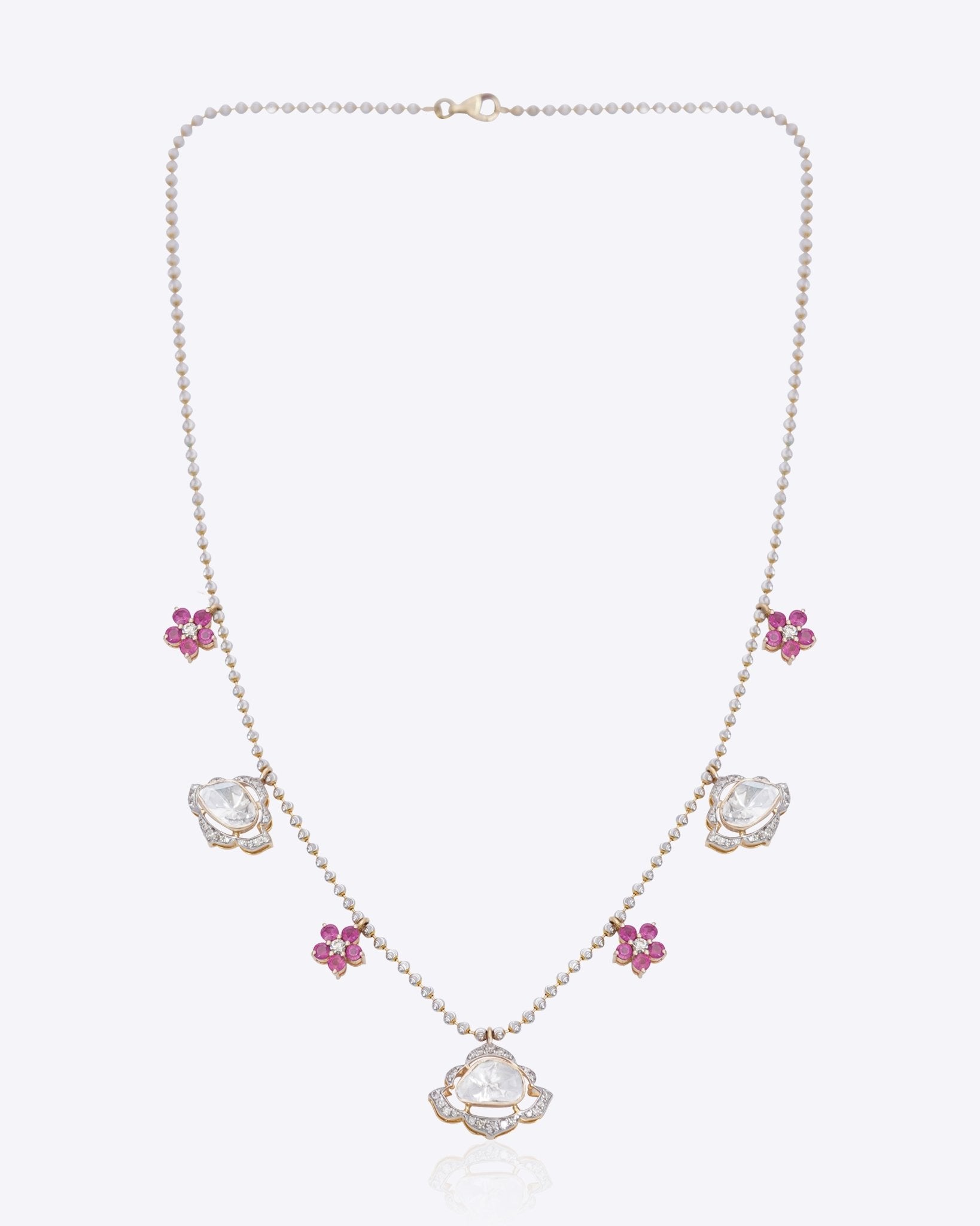 Blush Diamond Polki Necklace in 14k gold with polki sparkle and ruby florals.