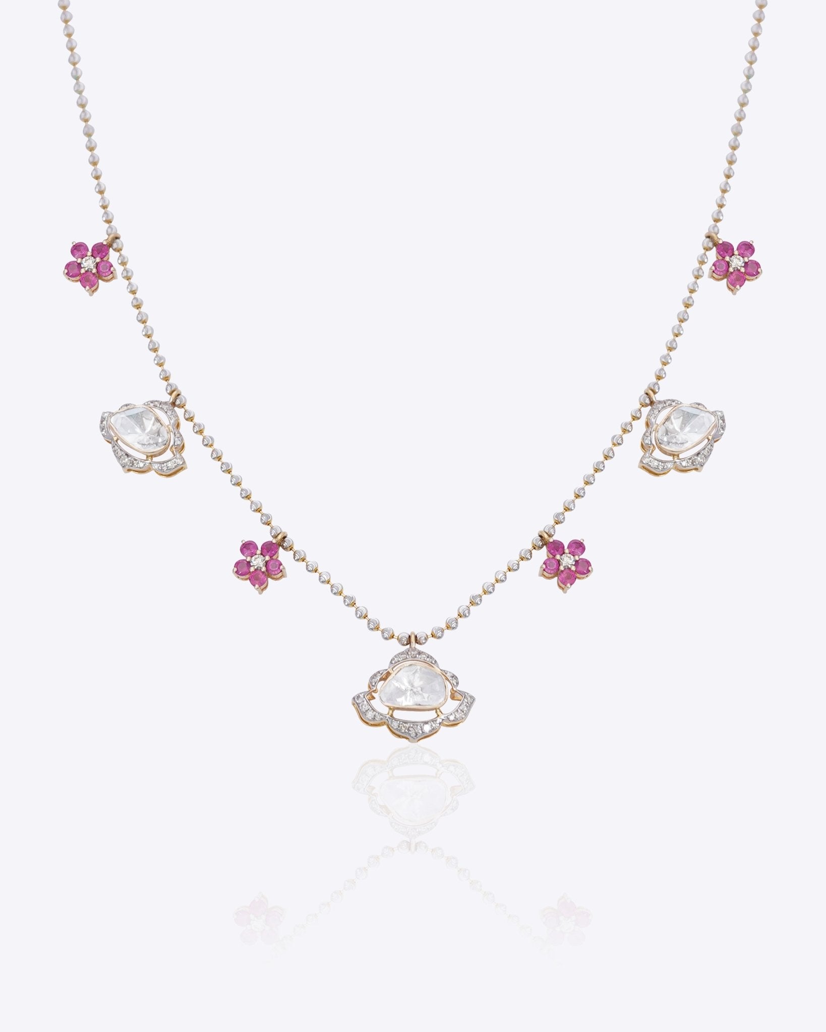 Blush Diamond Polki Necklace in 14k gold with polki sparkle and ruby florals.