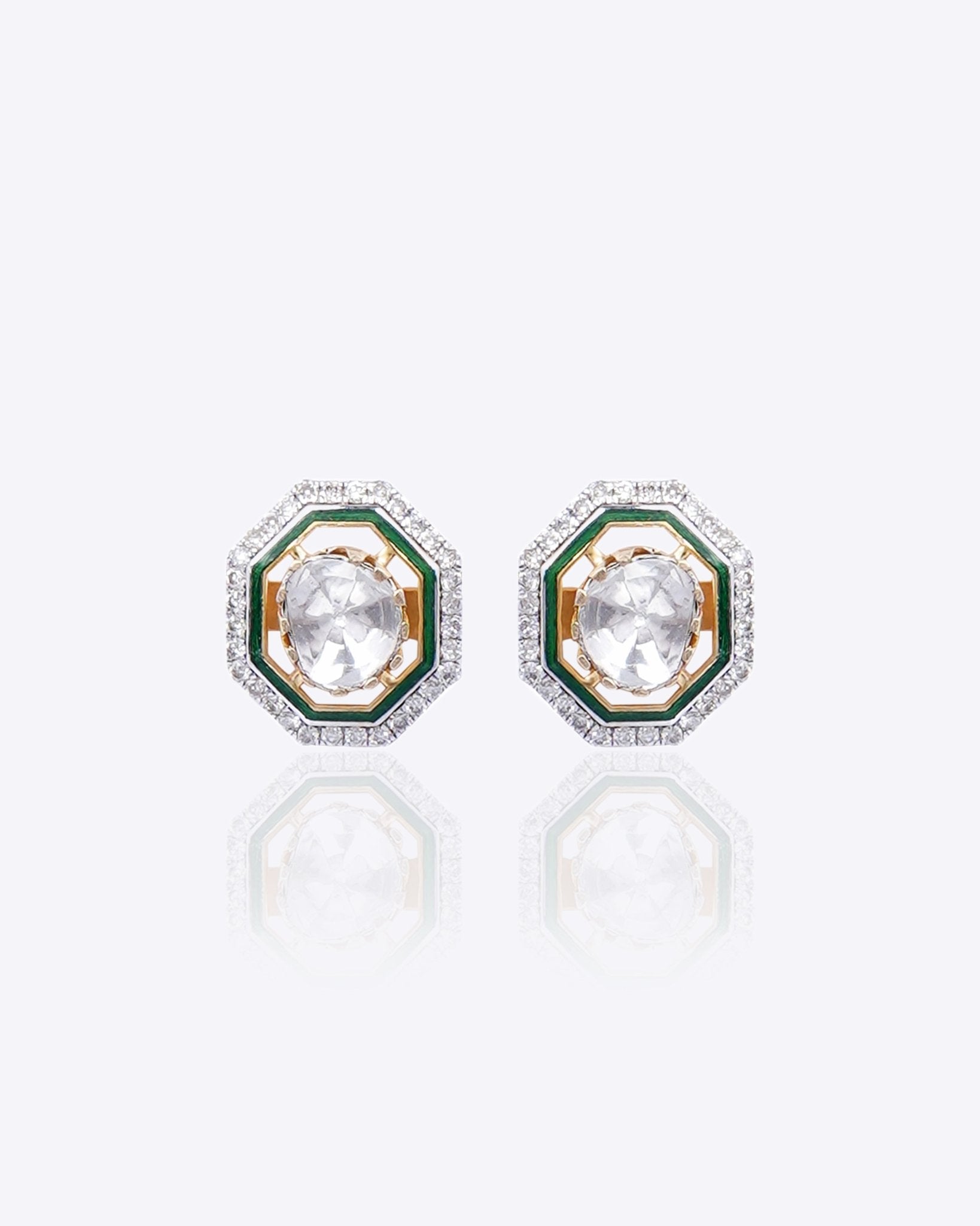 14K gold hexagon stud earrings with Polki and diamond accents